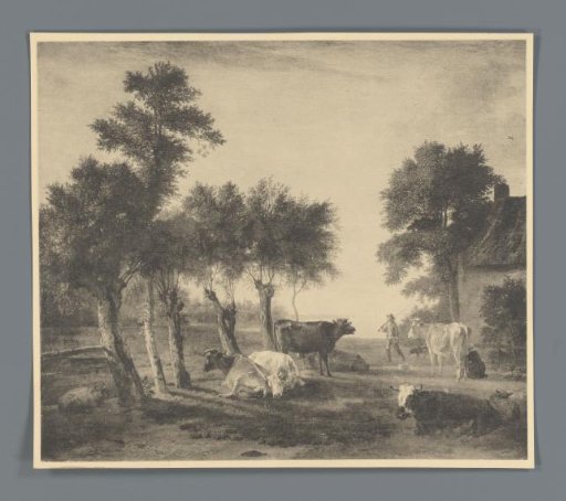 Reproduction of a painting Cows in a meadow near a farmhouse by Paulus Potter