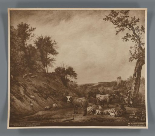 Photographic reproduction of a reproduction of the painting Shepherds with their cattle by Paulus Potter