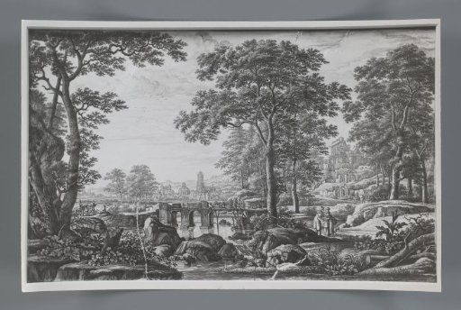 Photographic reproduction of a Delft blue plate with an Italianate landscape by Frederik van Frytom