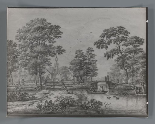 Photographic reproduction of a Delft blue plate with a view of Overschie by Frederik van Frytom