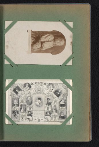 Photographic reproduction of an etching of Wilhelmina by Carel Lodewijk Dake and a postcard with a family tree on the occasion of Princess Juliana's birthday