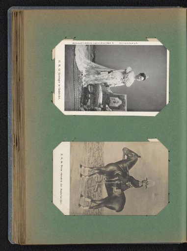Two postcards with portraits of Queen Wilhelmina and Prince Hendrik on horseback