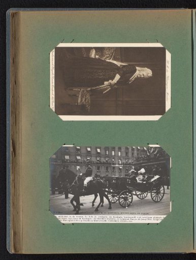Two postcards of a portrait of Queen Mother Emma and a visit by Queen Wilhelmina to Paris