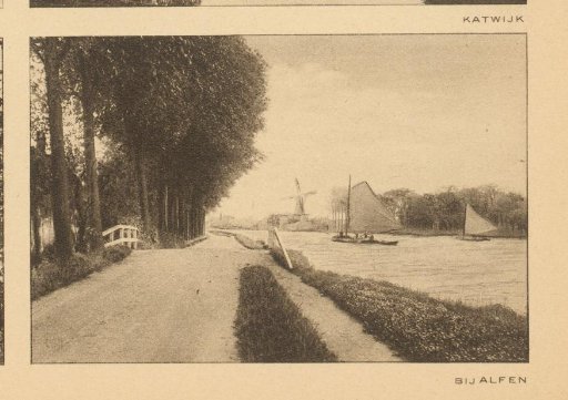 View of a road along a river with sailing boats, with a mill in the background, near Alphen aan den Rijn