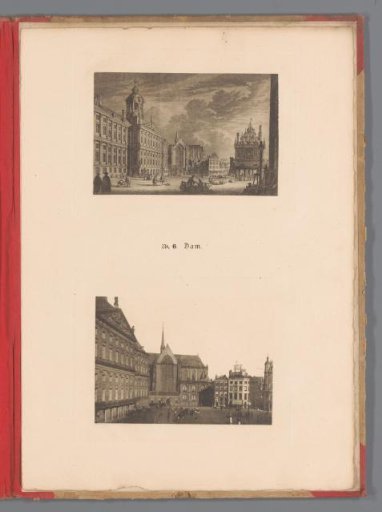 Two views of the Dam with the Royal Palace Amsterdam, one of which is a reproduction of a print by Simon Fokke