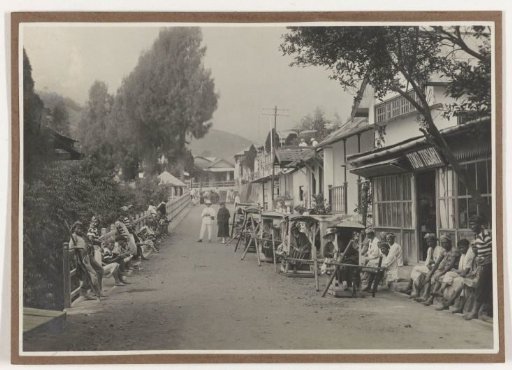 View of a town with travelers in palanquins