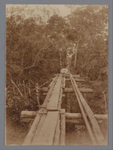 Wooden bridge of long planks and tree trunks over a river or abyss, Dutch East Indies