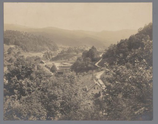 View of a valley with houses and a woodworking shop [?], Germany [?]
