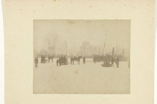 View of a Frozen Water, with People in (Horse-)Sleighs and a Boat