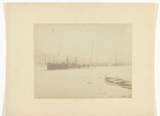 View of a Frozen Water, with People in (Horse-)Sleighs and a Boat 'Jacob'.
