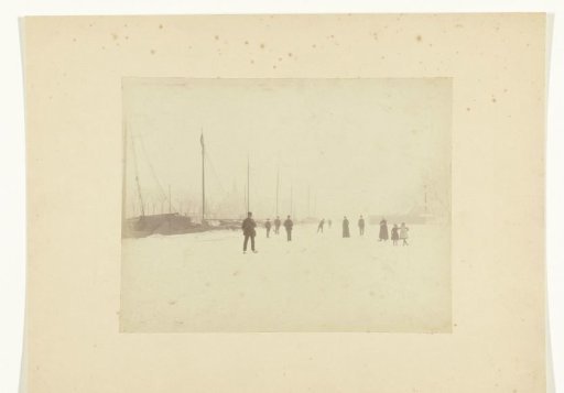 View of a Frozen Water, with People in Clogs and Skates. Boats and a Church in the Background.