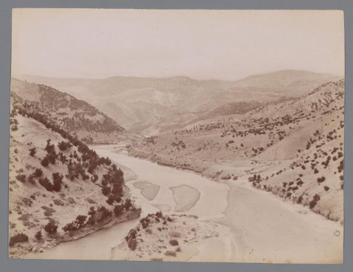 Landscape with river and hills on both sides ("La route de Rescht"), Iran