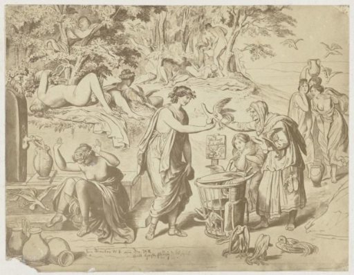 Reproduction of a drawing of an old woman selling winged phalluses
