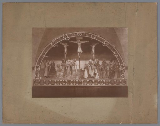 Photographic reproduction of a fresco depicting Christ on the Cross by Fra Angelico in San Marco, Florence