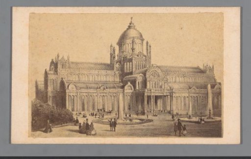 Photographic reproduction of a drawing depicting an exterior of the Paleis voor Volksvlijt in Amsterdam