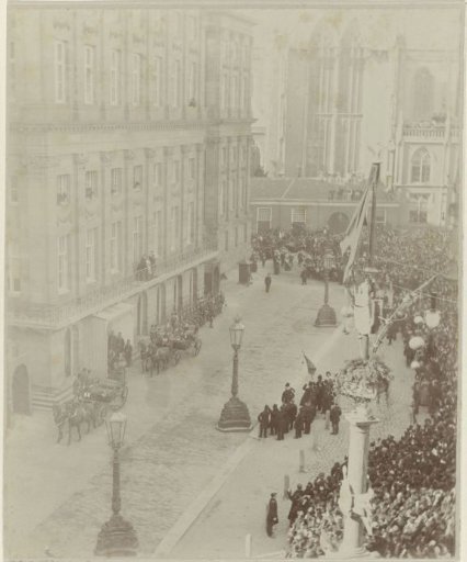 William III, King of the Netherlands, Emma, Queen Regent of the Netherlands, and Wilhelmina, Queen of the Netherlands, on the Balcony of the Royal Palace on the Dam during their Visit to Amsterdam on April 12, 1887