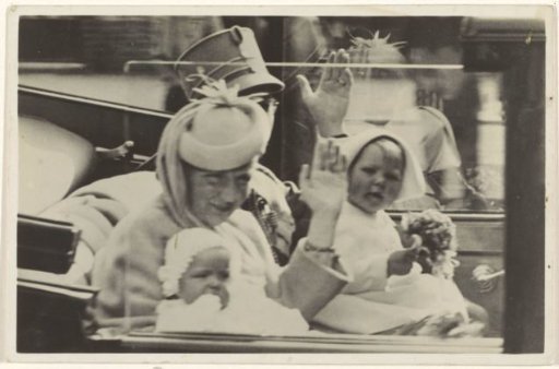 Juliana, Queen of the Netherlands, Beatrix, Queen of the Netherlands, and Irene, Princess of the Netherlands, in a car in The Hague on Juliana's birthday, 30 April 1940