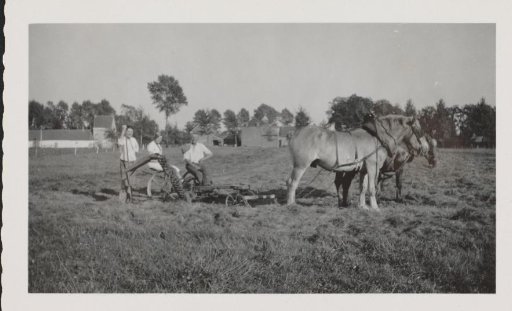 Two Men and G.A. Brusse-Urtebise by a Horse-Drawn Agricultural Implement in Andricourt