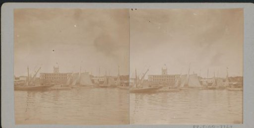 View of a town by the water with sailing ships at the quay