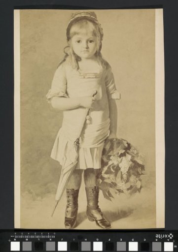Photographic reproduction of (presumably) a painted portrait of a young girl with flowers and an umbrella