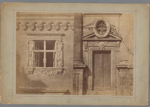 Two details of the Hôtel de Lasbordes at Toulouse, on the left a window decorated with human figures and on the right a door decorated with plant motifs and a female head