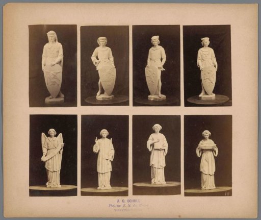 Overview of eight sculptures of young men holding objects and an angel