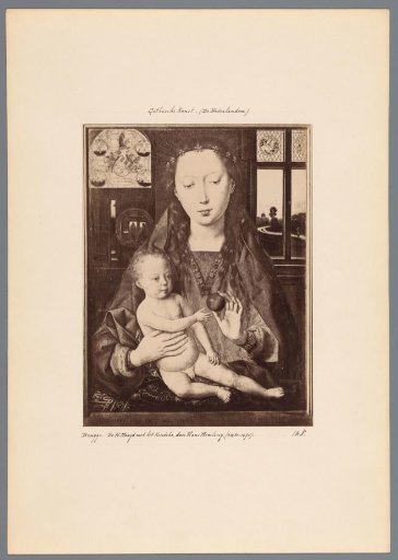 Photographic reproduction of a painting by Hans Memling, depicting Mary with Child