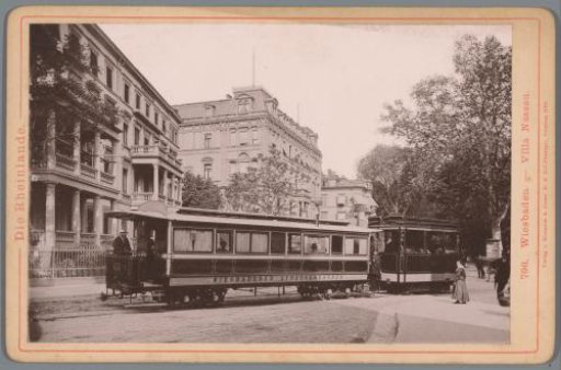 View of a street in Wiesbaden with a tram