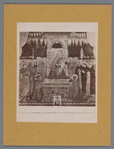 Photographic reproduction of a painting by Fra Angelico, depicting Mary with Child on a throne surrounded by saints