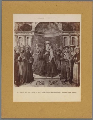 Photographic reproduction of a painting by Fra Angelico, depicting Mary with Child on a throne surrounded by saints