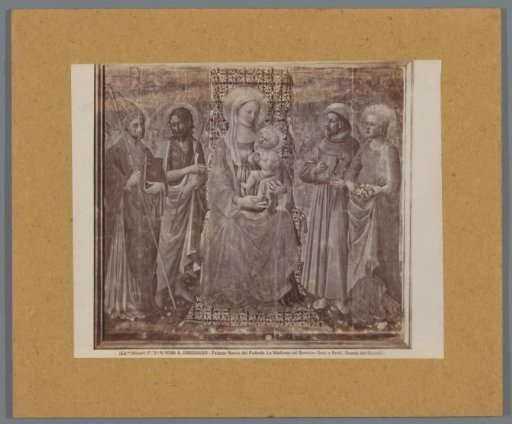 Photographic reproduction of a painting, depicting Mary with Child on a throne surrounded by saints