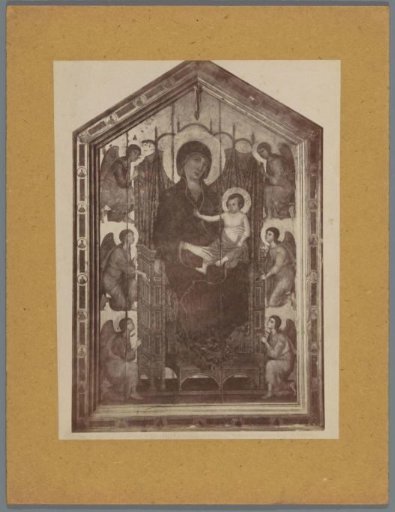 Photographic reproduction of a painting by Cimabue, depicting Mary with Child on a throne surrounded by angels