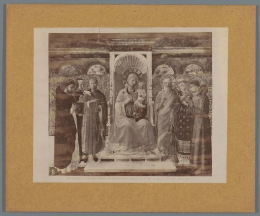 Photographic reproduction of a painting by Fra Angelico, depicting Mary with Child on a throne surrounded by saints