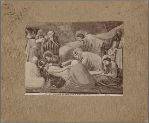 Photographic reproduction of a painting by Giotto, depicting the Lamentation of Christ