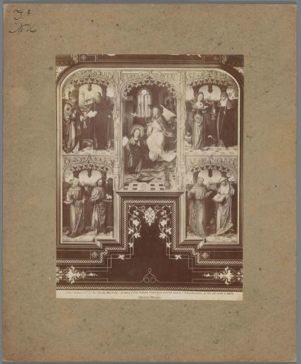 Photographic reproduction of a painting by Q. Matsys, depicting the Annunciation and Saints