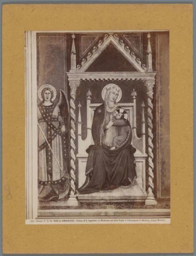 Photographic reproduction of a painting by L. Memmi, depicting the Madonna and Child and the Archangel Michael