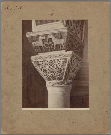Capital of a column in the Basilica of San Vitale in Ravenna, decorated with two horses and a cross