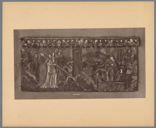 Textile decorated with an angel and a saint with dogs