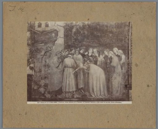 Photographic reproduction of a painting by Giotto in the Basilica of Saint Francis in Assisi, depicting the raising of a boy from the dead by Saint Francis