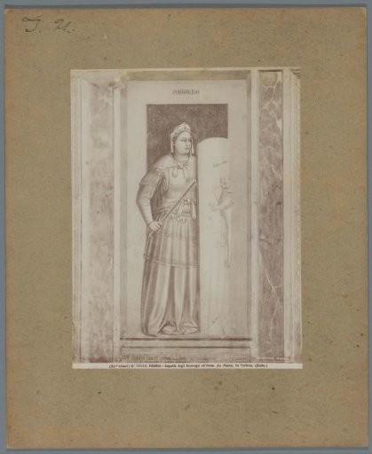 Photographic reproduction of a painting by Giotto in the Scrovegni Chapel in Padua, depicting Strength