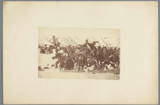 Photographic reproduction of a painting depicting a man on a chariot surrounded by men with spears