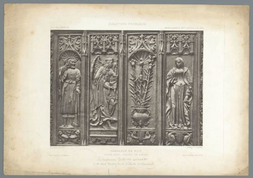 Wooden relief of a door from the Collégiale Saint-Gervais-Saint-Protais in Gisors, depicting two saints and an angel