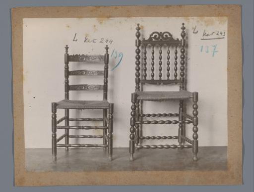 Two chairs with an openwork back, carved spindles and a rush seat