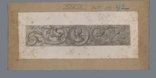 Wooden panel decorated with a portrait, dolphins, and leaf motifs