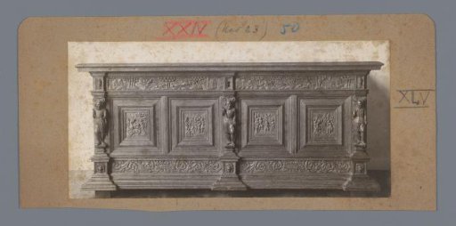 Chest decorated with three men and narrative scenes (probably) in the Rijksmuseum, Amsterdam