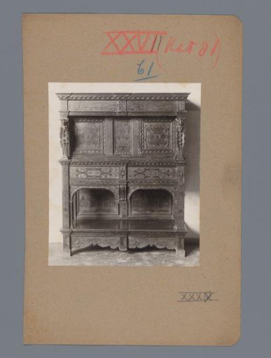 Buffet cabinet of oak decorated with strapwork cartouches and moresques in the Rijksmuseum, Amsterdam