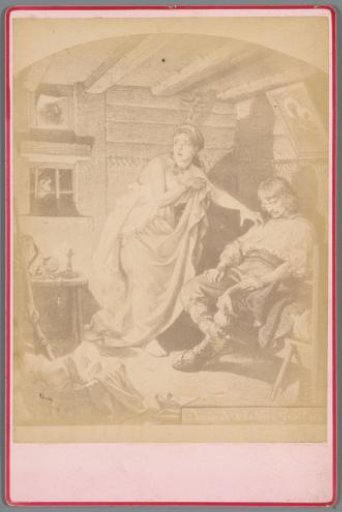 Photoreproduction of the drawing by Arthur Grottger from the series Lithuania, depicting a woman with a terrified expression standing next to a sleeping man