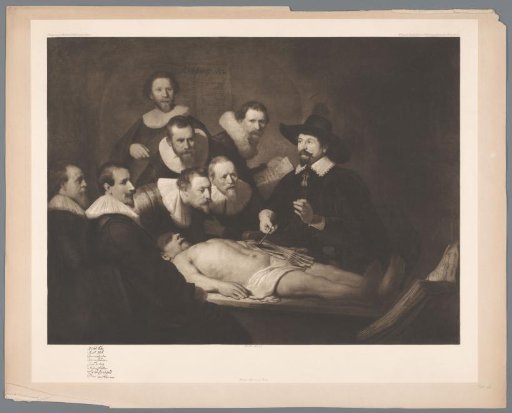Photographic reproduction of the painting The Anatomy Lesson of Dr. Nicolaes Tulp by Rembrandt van Rijn