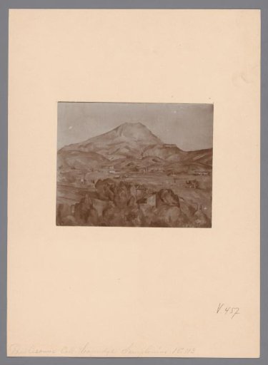 Photographic reproduction of a painting depicting a view of Mont Sainte-Victoire near Aix-en-Provence by Paul Cézanne from the Hoogendijk collection, now in The Barnes Foundation