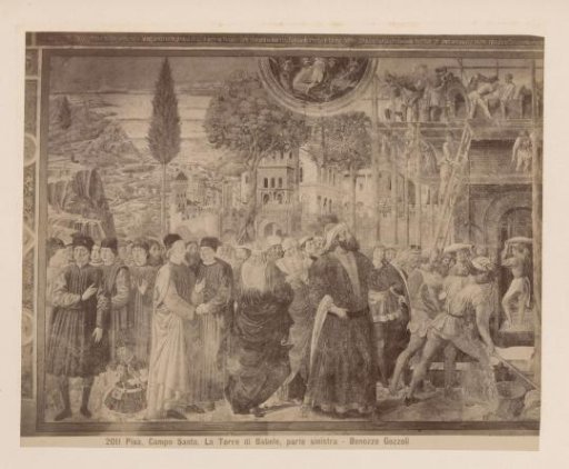 Photoreproduction of the left part of the fresco The Tower of Babel after Benozzo Gozzoli, in the Camposanto in Pisa, Italy